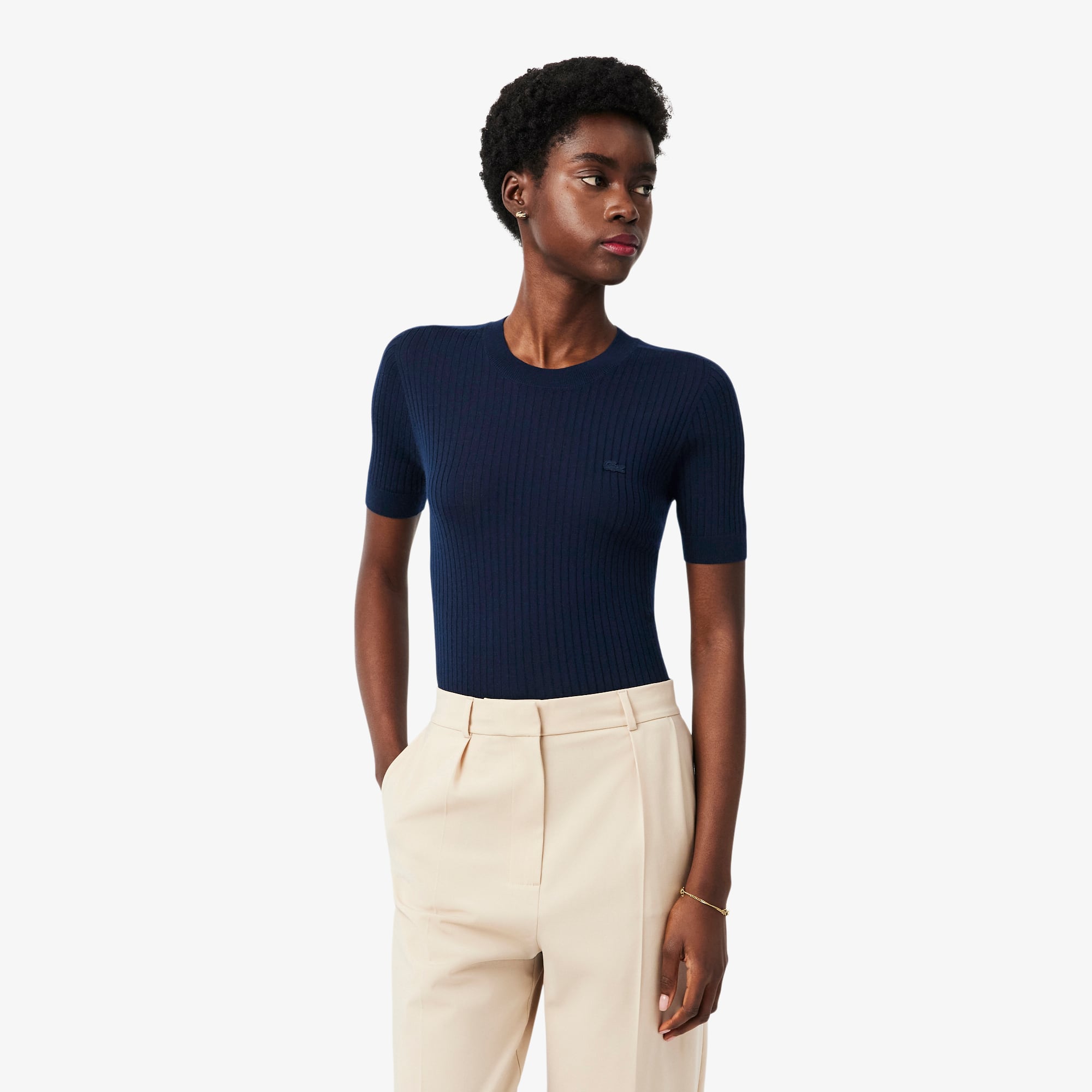 Women's Short Sleeve Merino Wool Rib Knit Sweater - Navy Blue