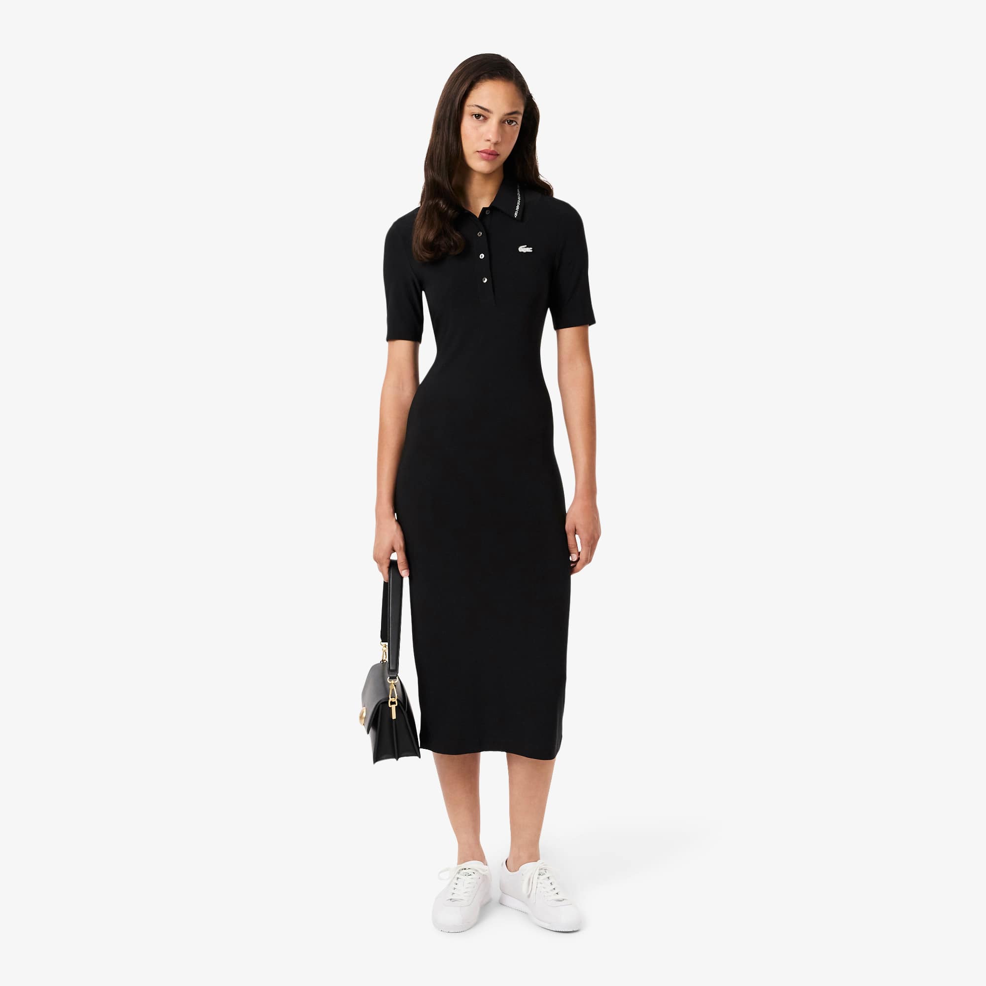 Women's Slim Fit Diamanté Crocodile Polo Collar Dress - Black