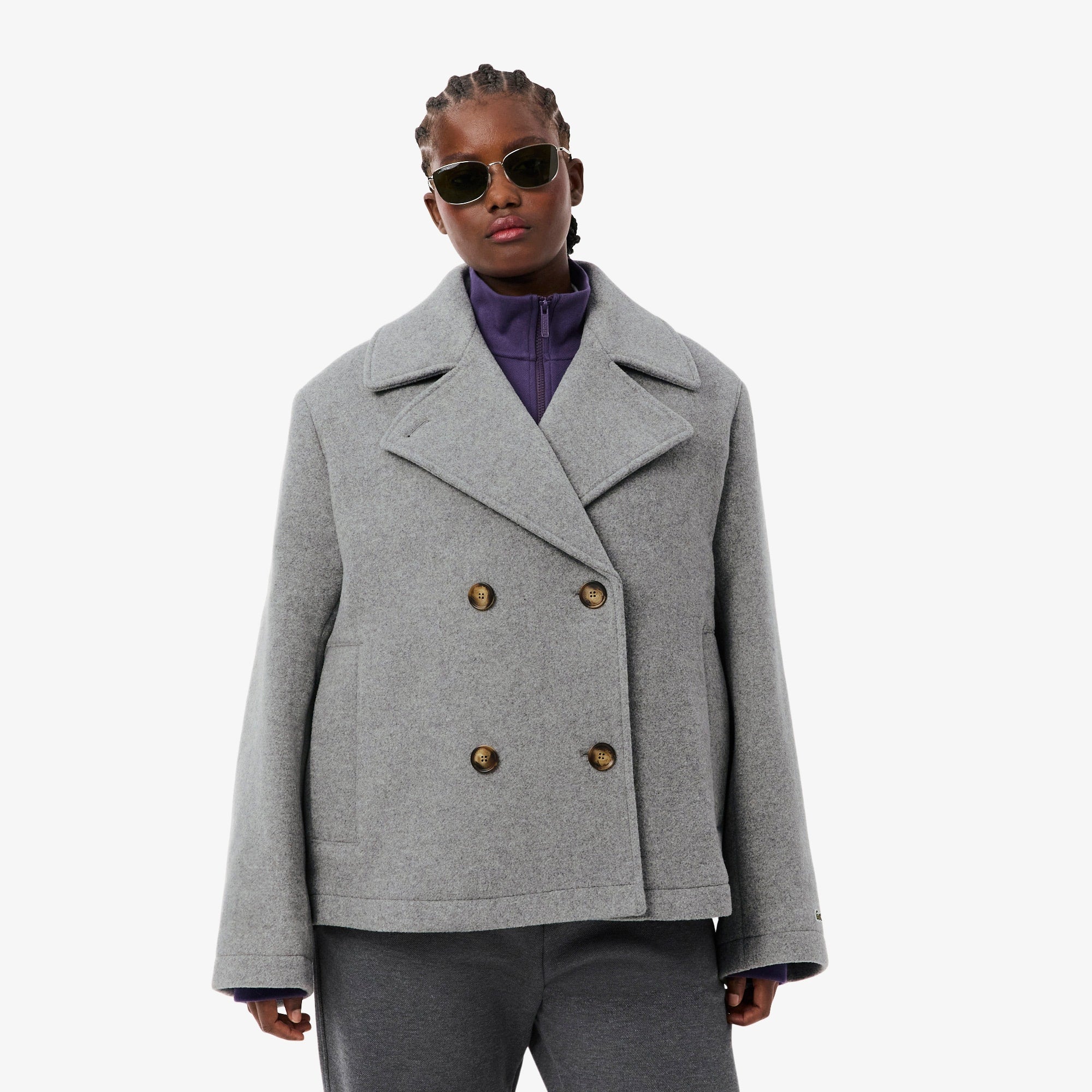 Women's Short Oversized Wool Blend Pea Coat - Grey pitch