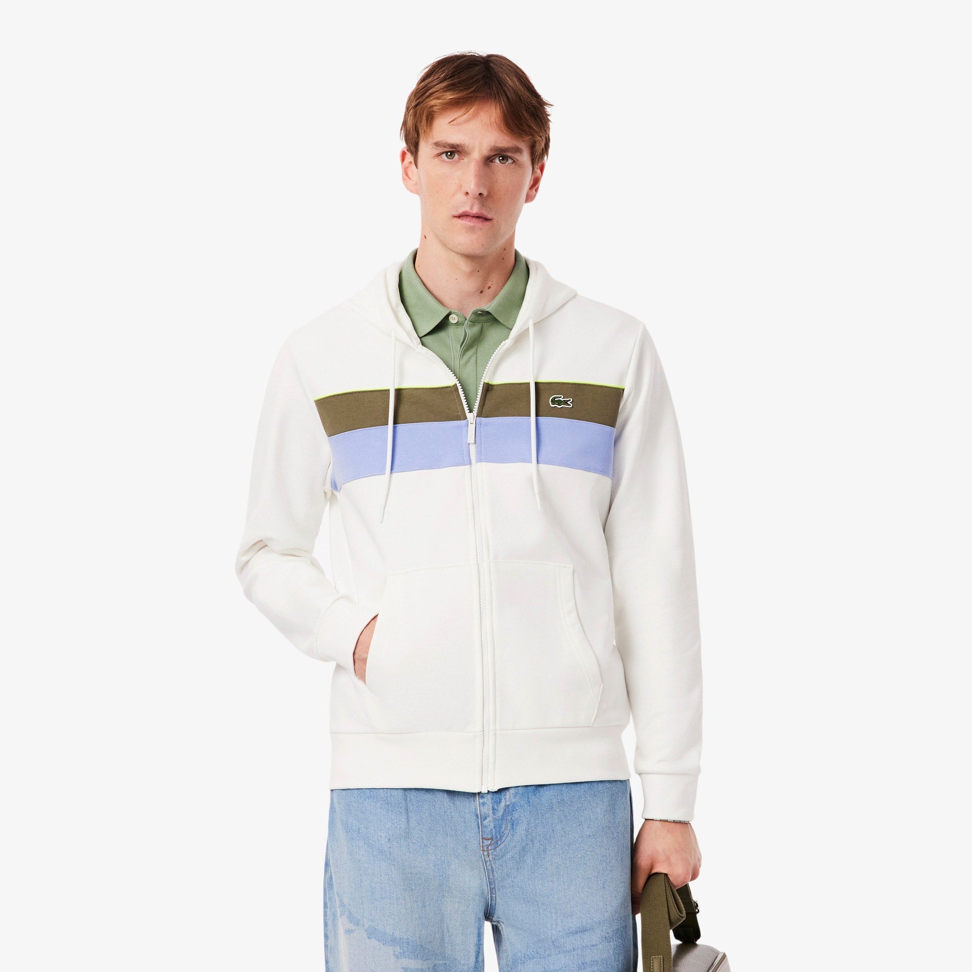 Men's Zip-Up Colorblock Hoodie - White / Khaki Green / Purple