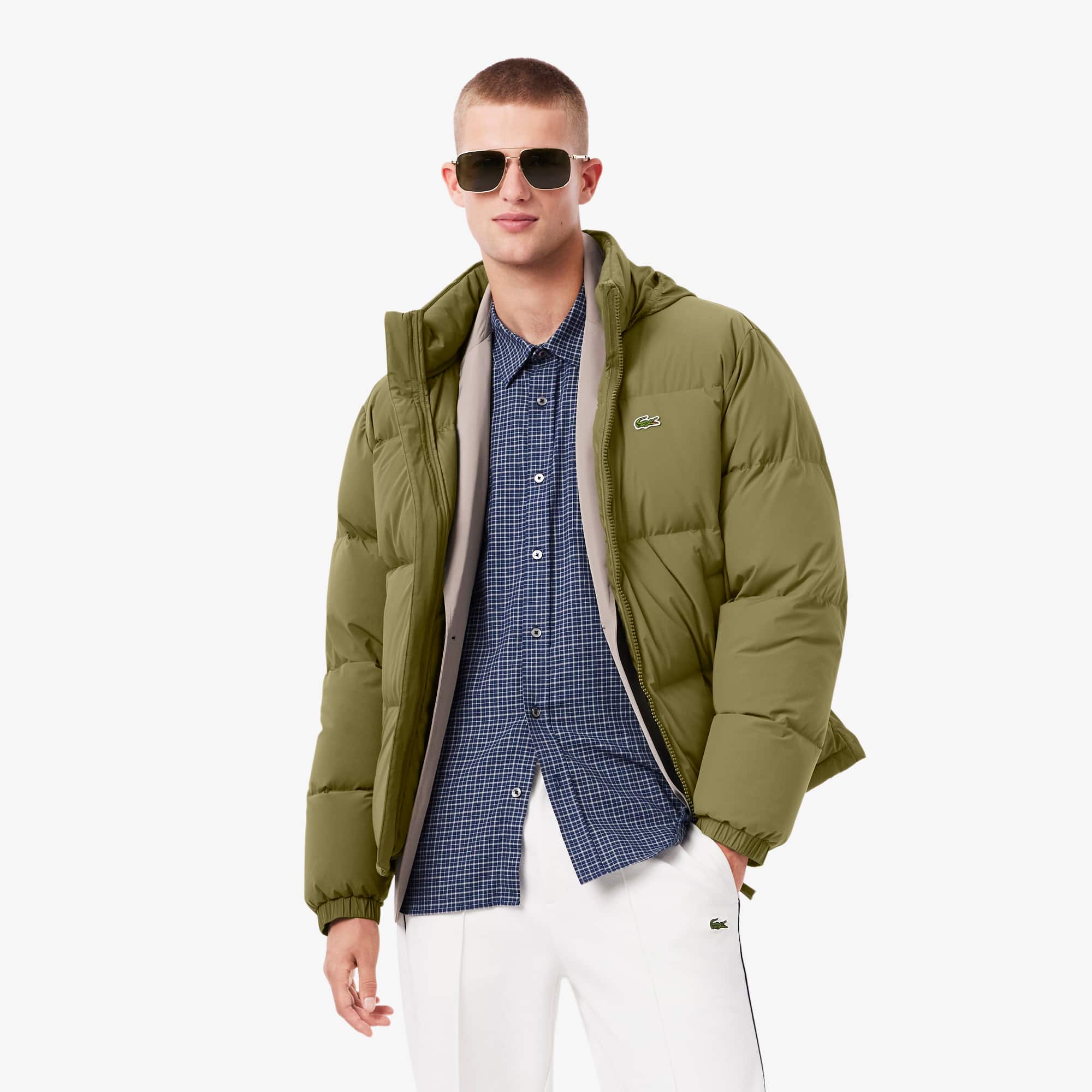Men's Water-Repellent Hooded Down Jacket - Khaki Green