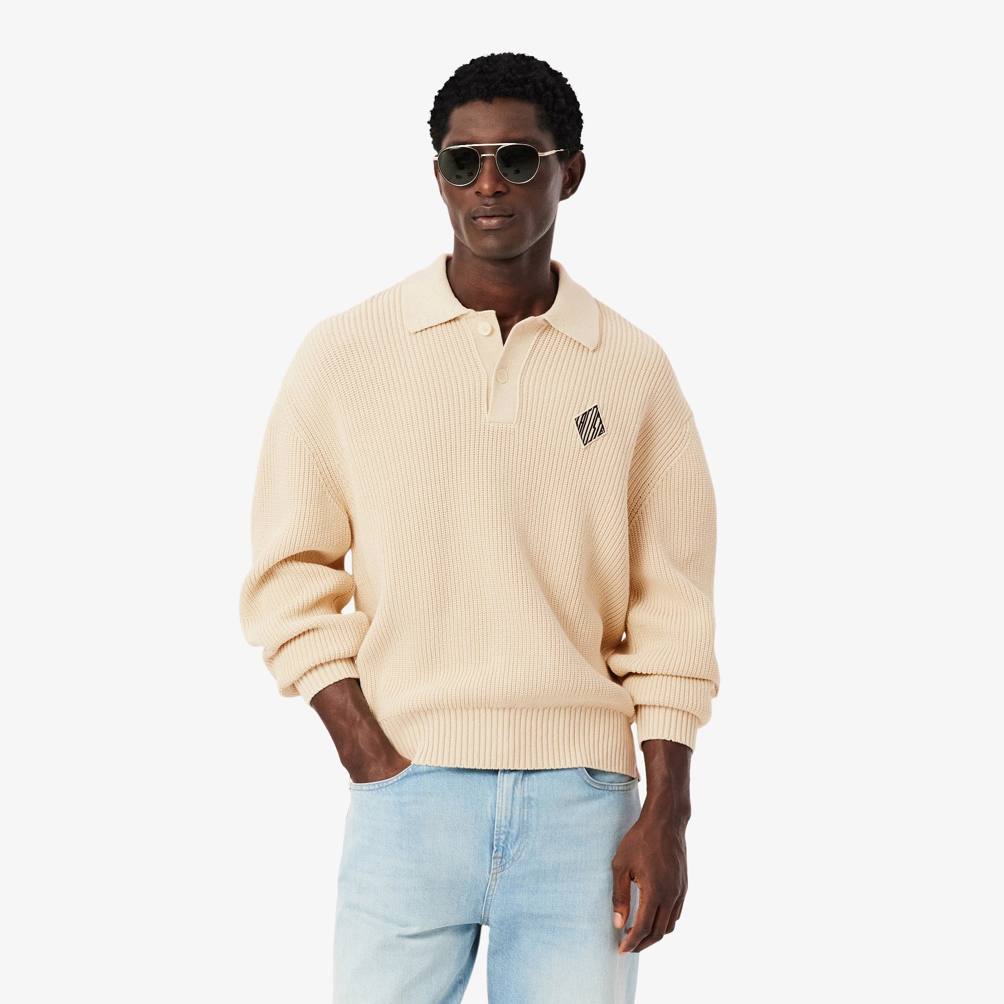 Badge Accent Pearl Rib Polo Collar Sweater - Lemon Beige