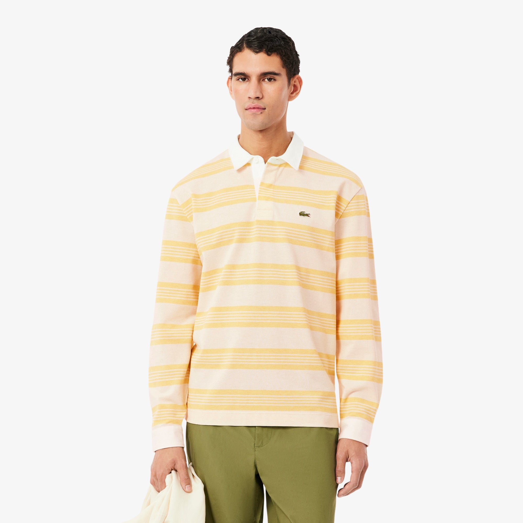 Relaxed Fit Striped Piqué Rugby Polo - Blanc