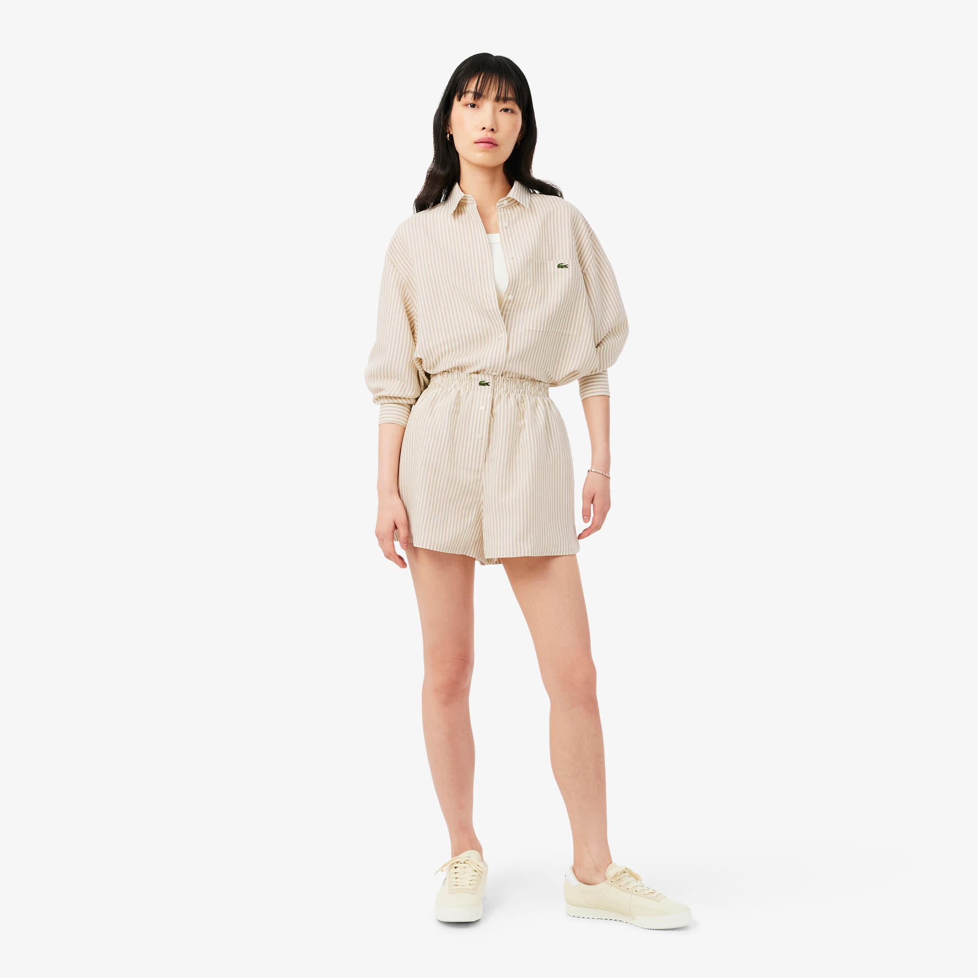 Oversized Linen Blend Shorts - Beige / Blanc