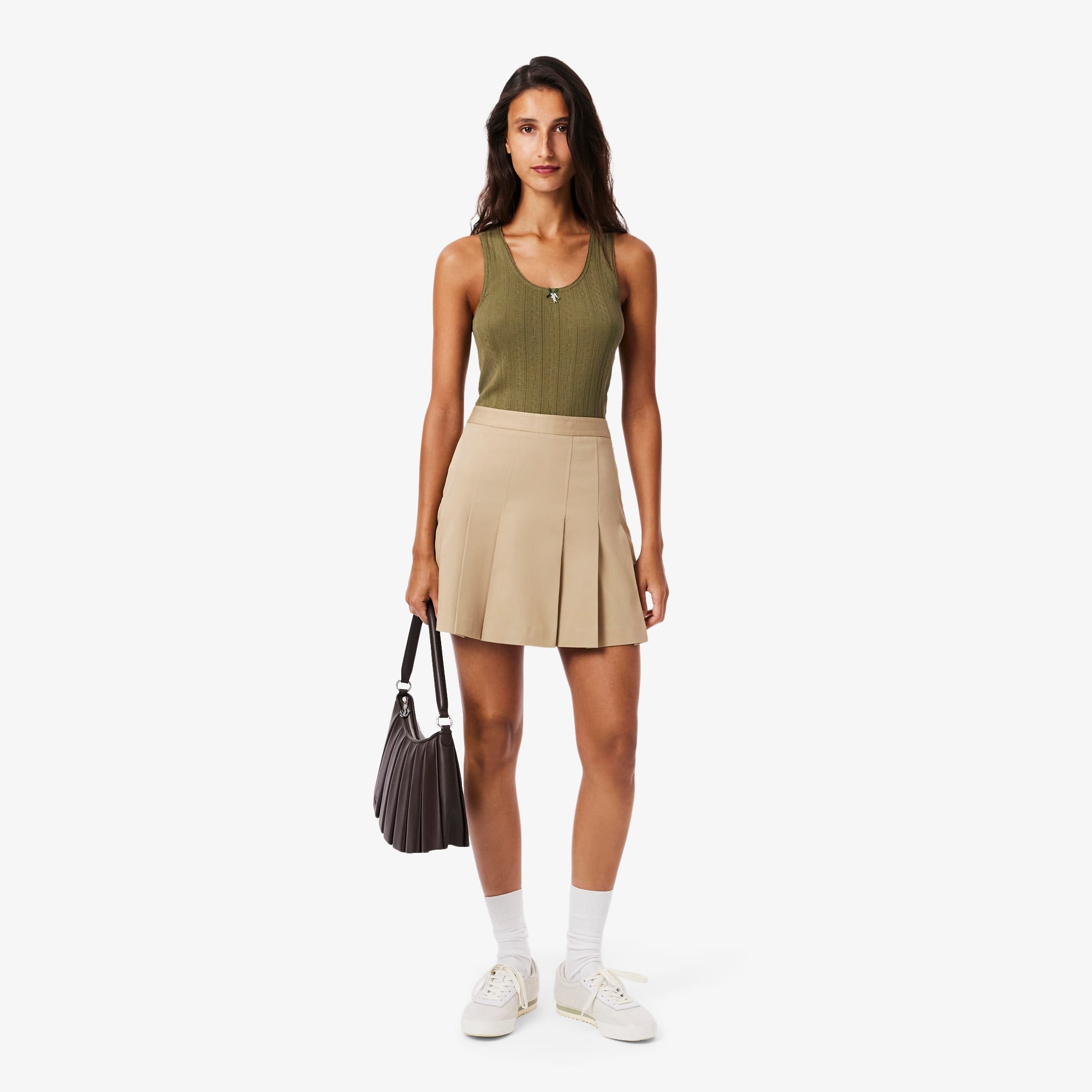 Women's Short Stretch Cotton Pleated Skirt - Beige
