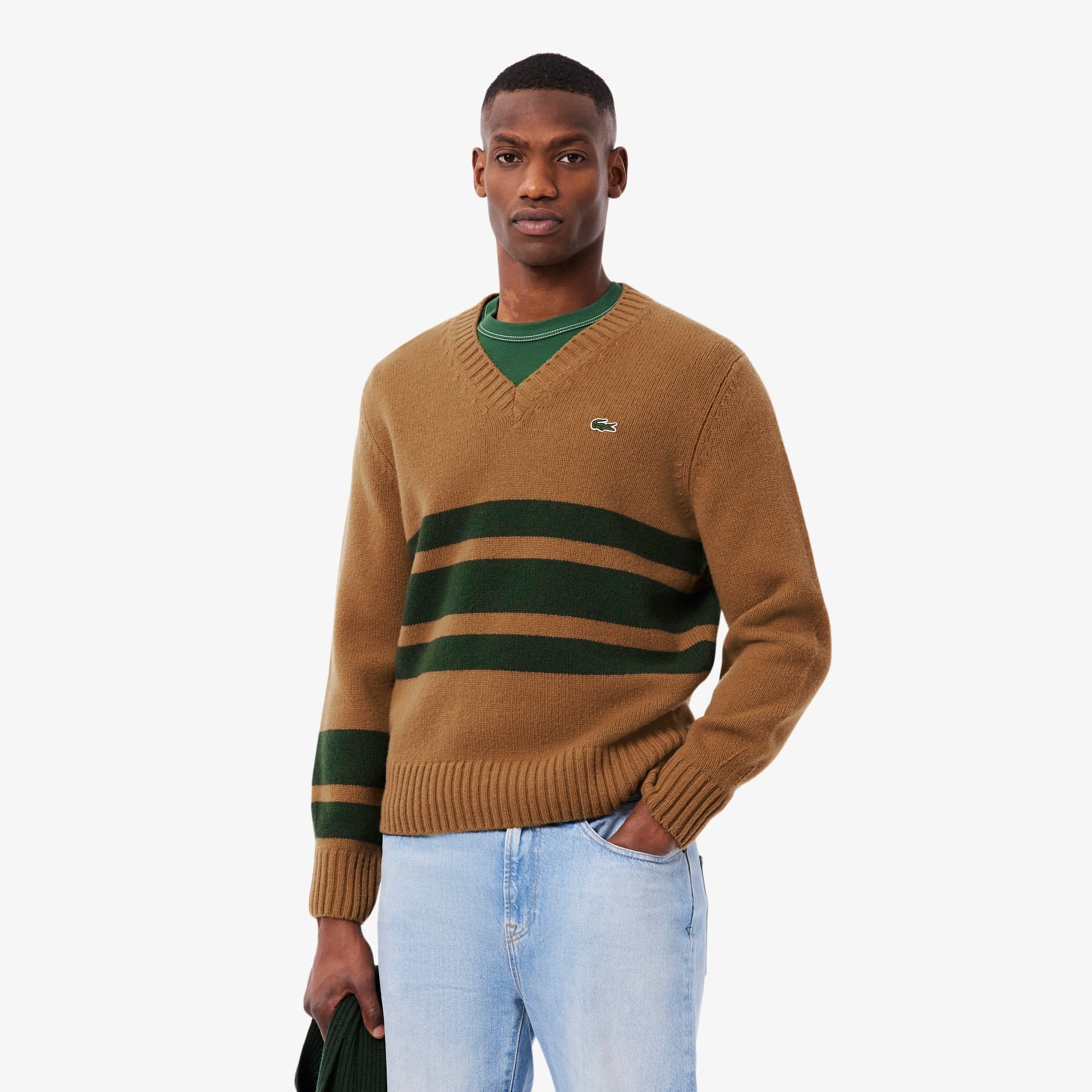 Men's Striped Wool V-Neck Sweater - Brown / Green
