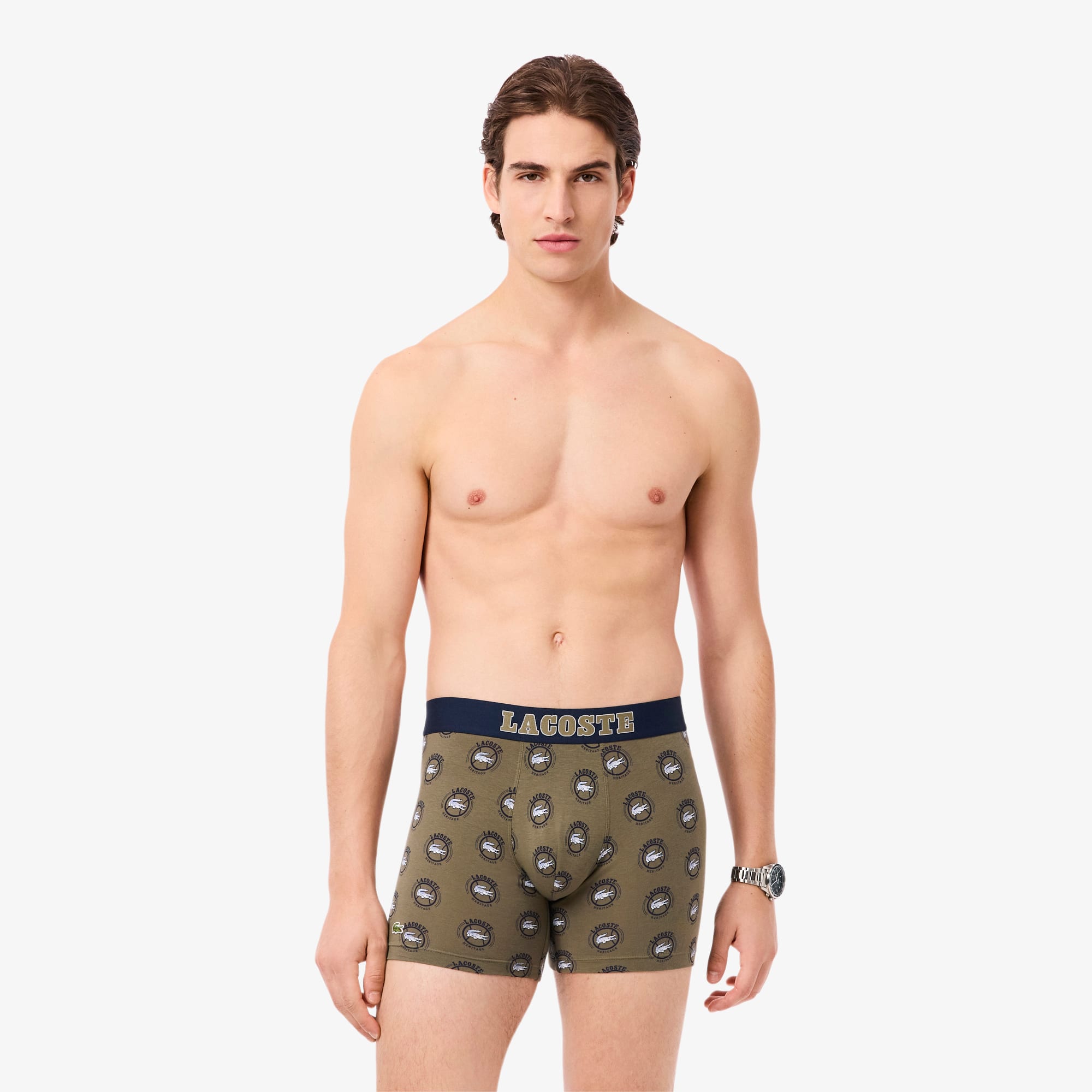 Men's Printed Stretch Cotton Boxer Briefs - Vert Kaki / Bleu Marine / Blanc