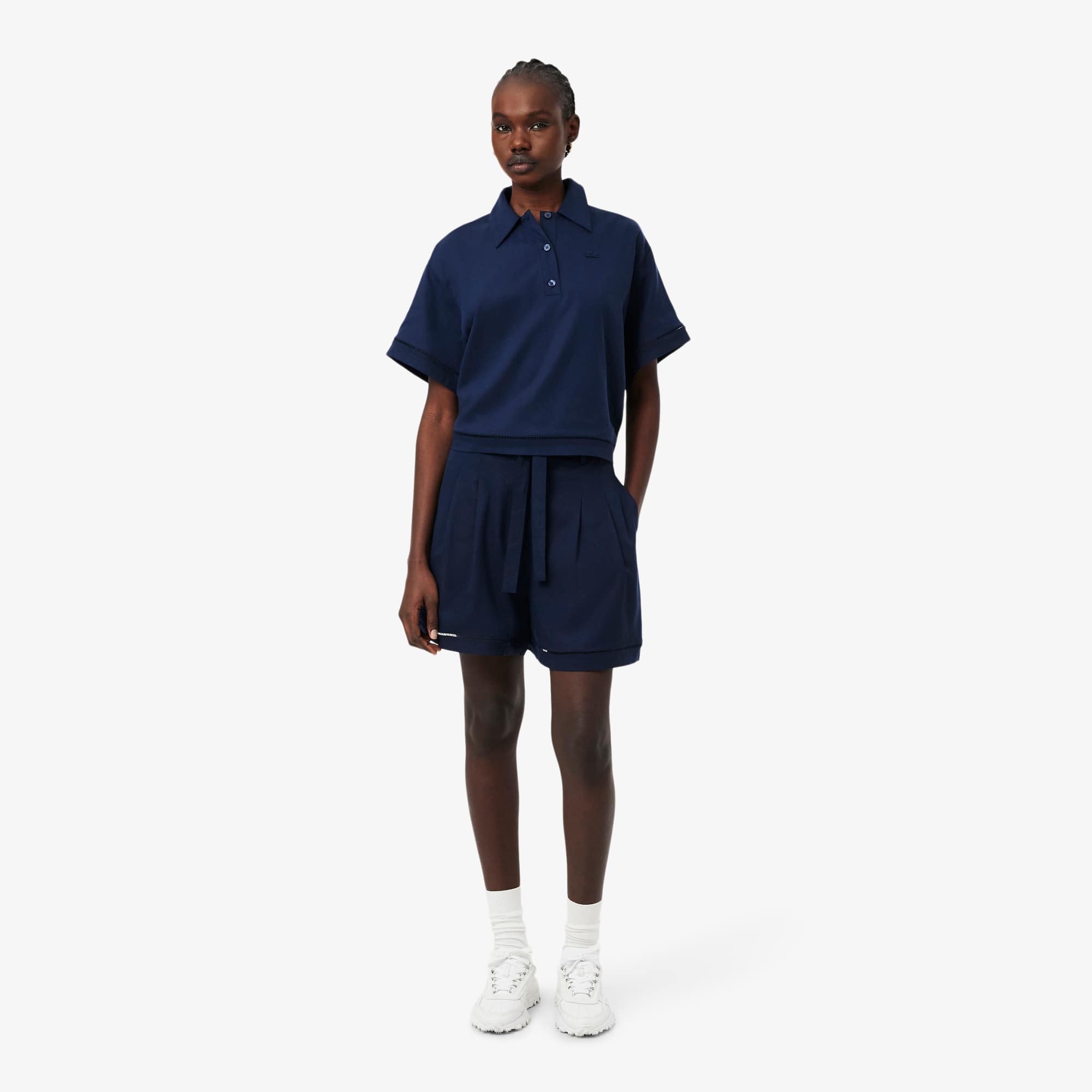 Oversized Fluid Linen Blend Bermuda Shorts - Navy Blue