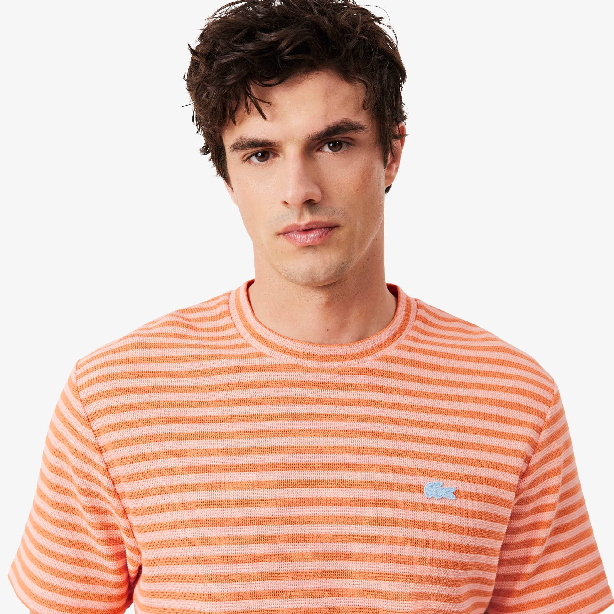 Textured Striped Cotton T-Shirt - Rose / Orange
