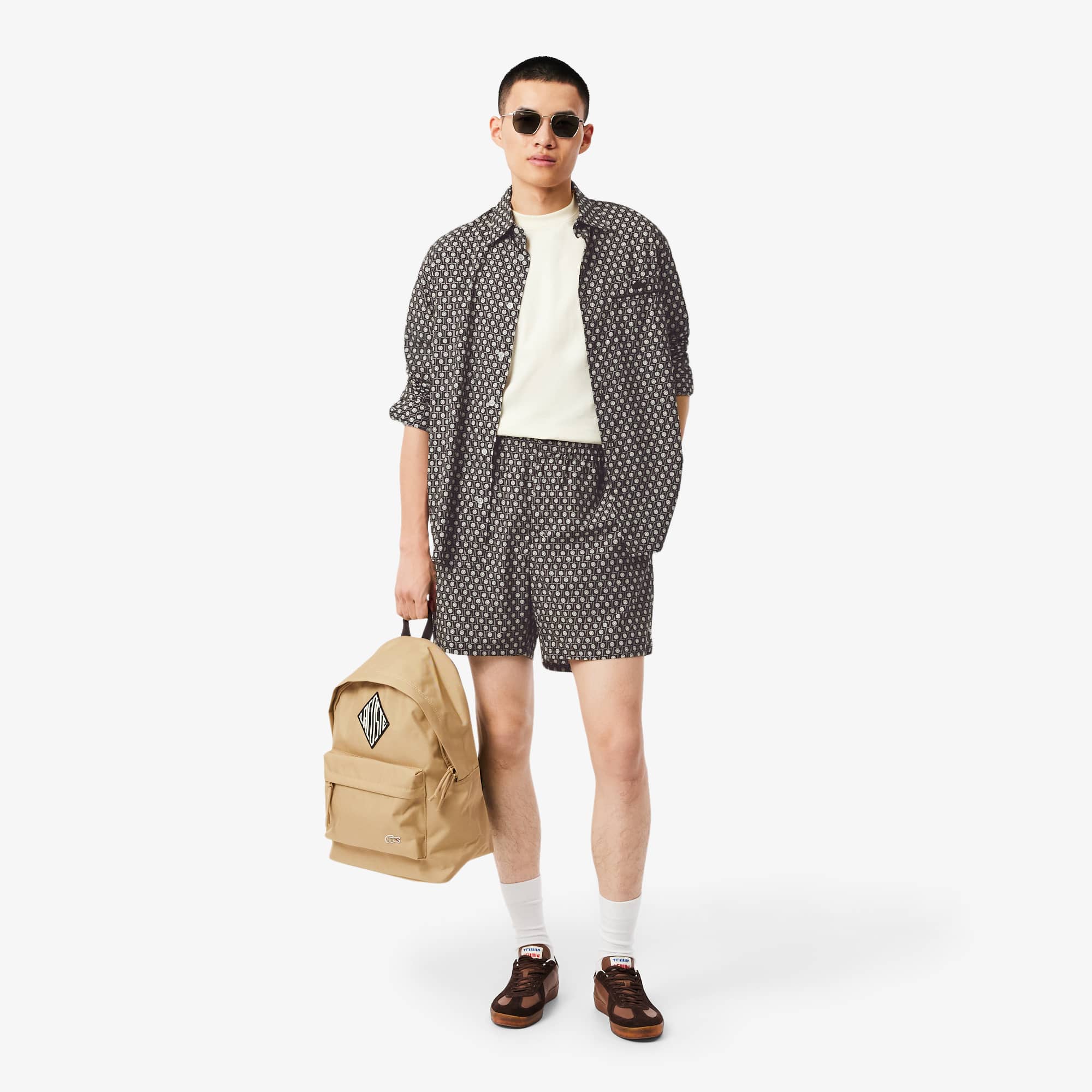 Relaxed Fit Printed Cotton Blend Shorts - Marron / Beige