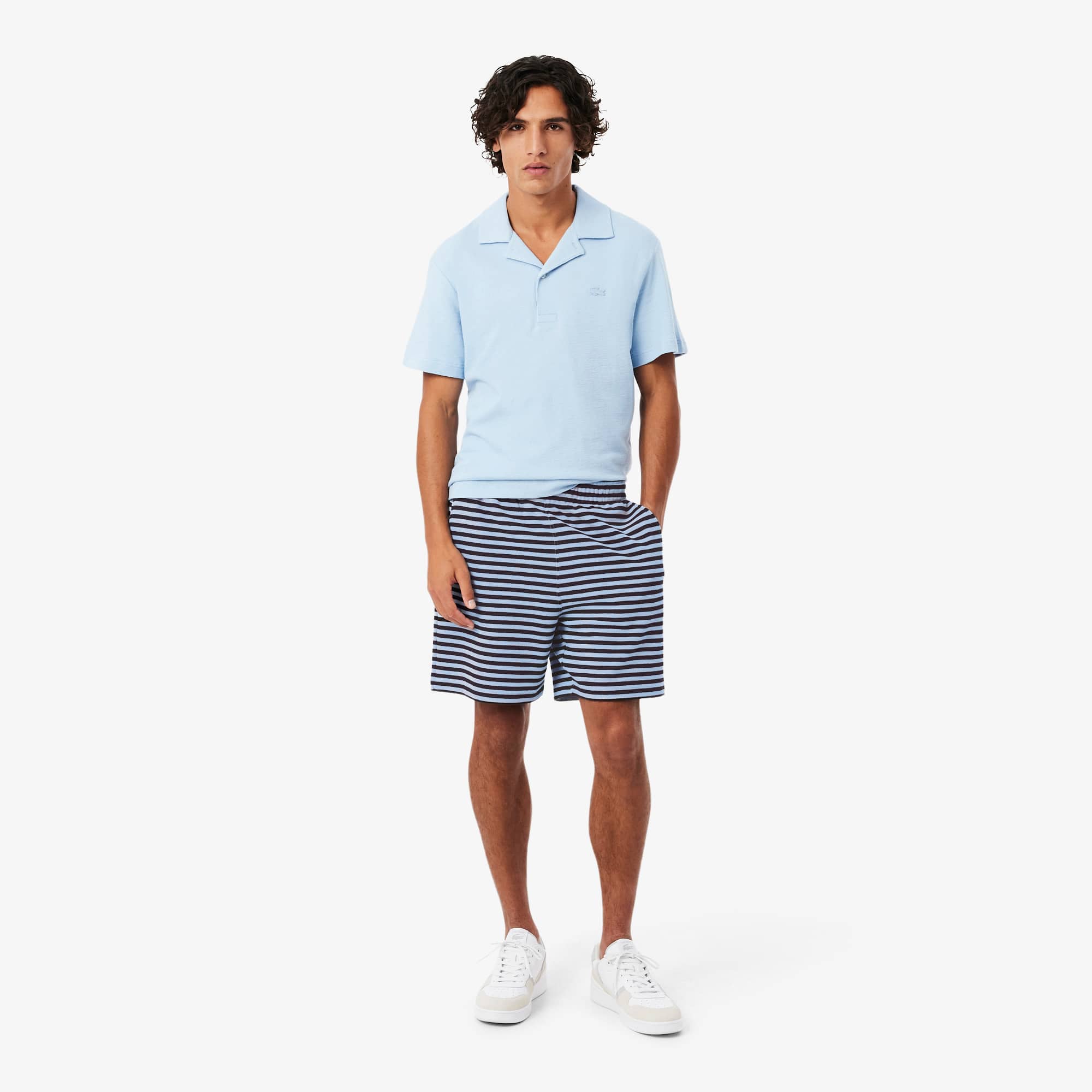 Regular Fit Striped Cotton Shorts - Bleu Clair / Marron