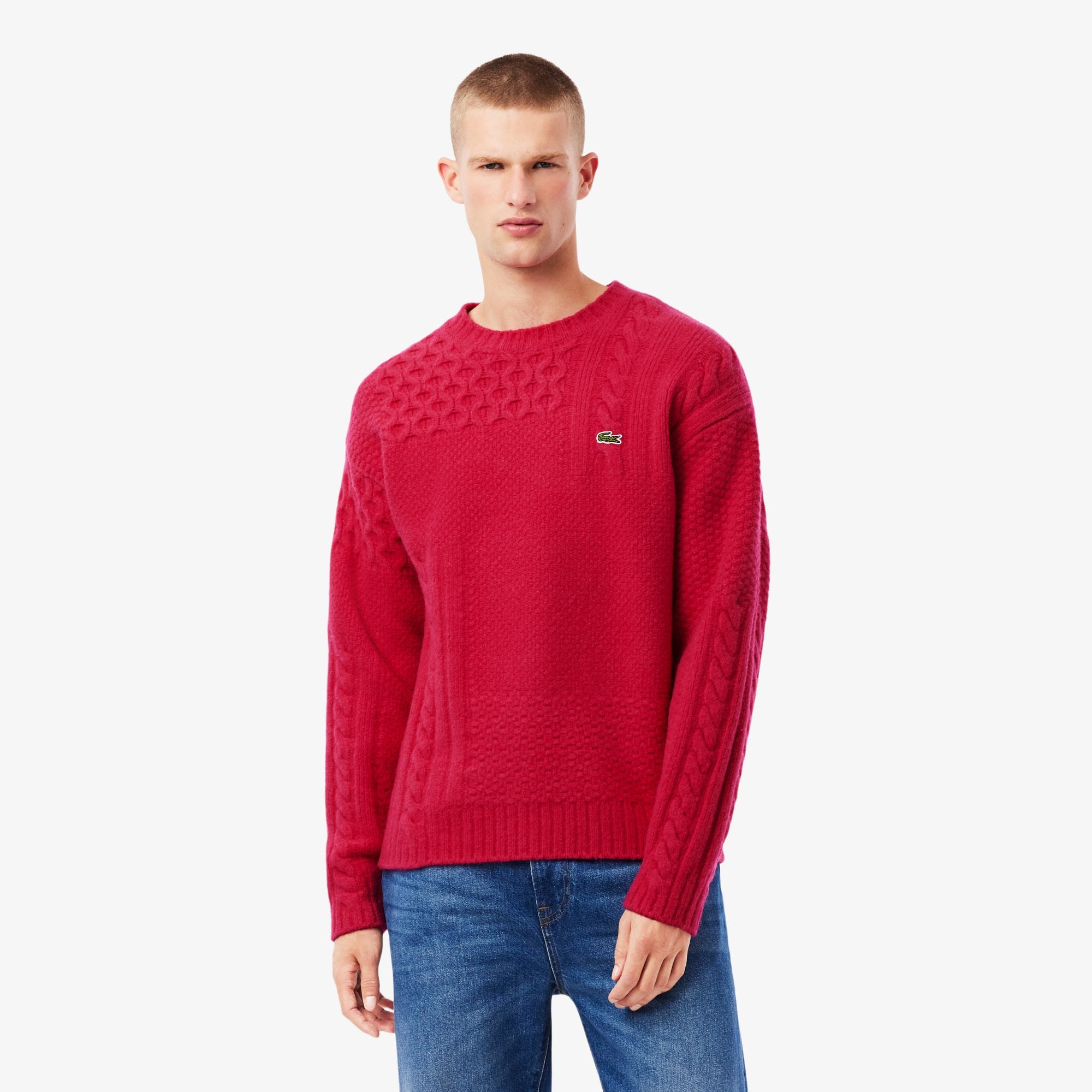 Men's Relaxed Fit Patchwork Effect Wool Sweater - Pink