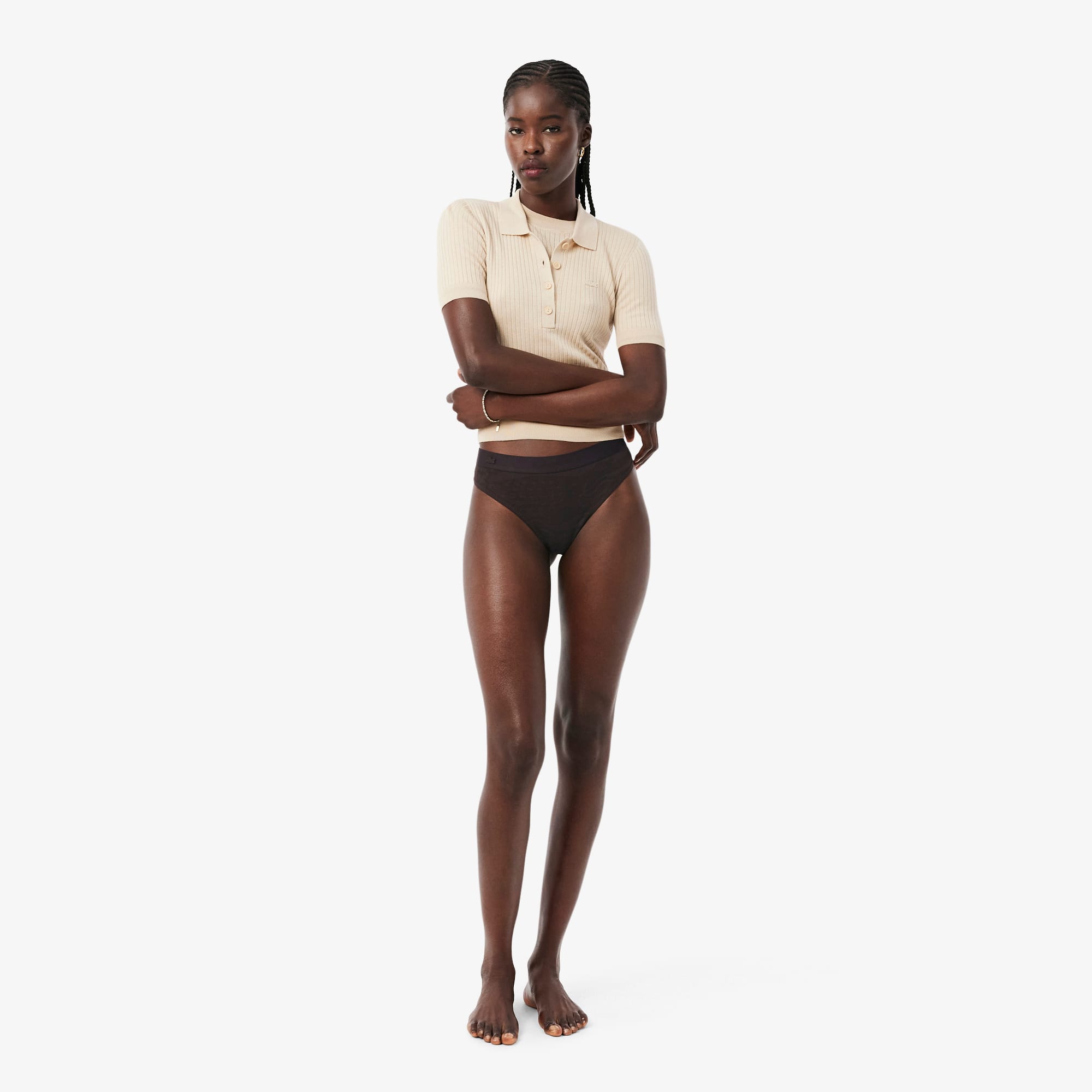 Logo Waist Mesh String Briefs - Brown