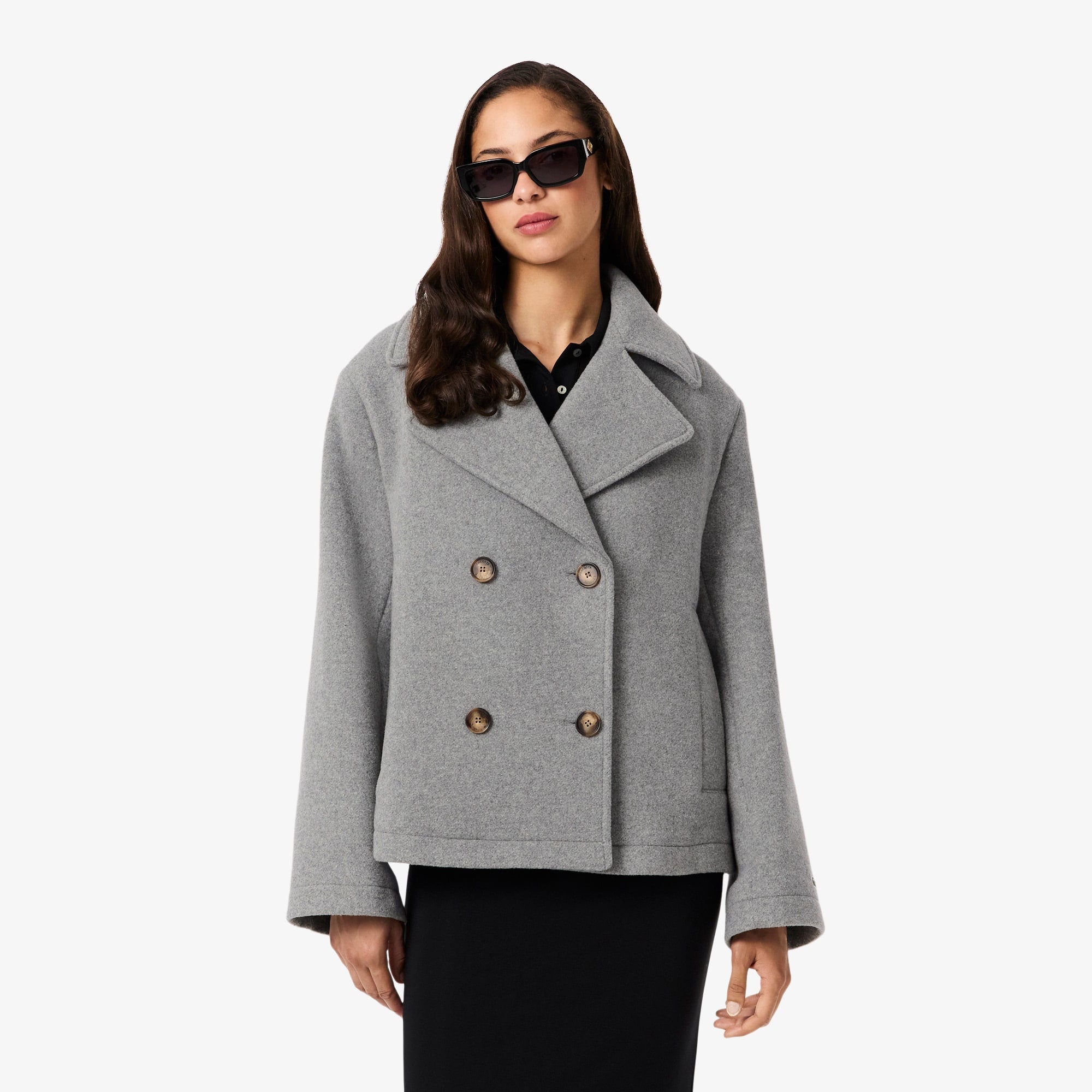 Women's Short Oversized Wool Blend Pea Coat - Grey pitch