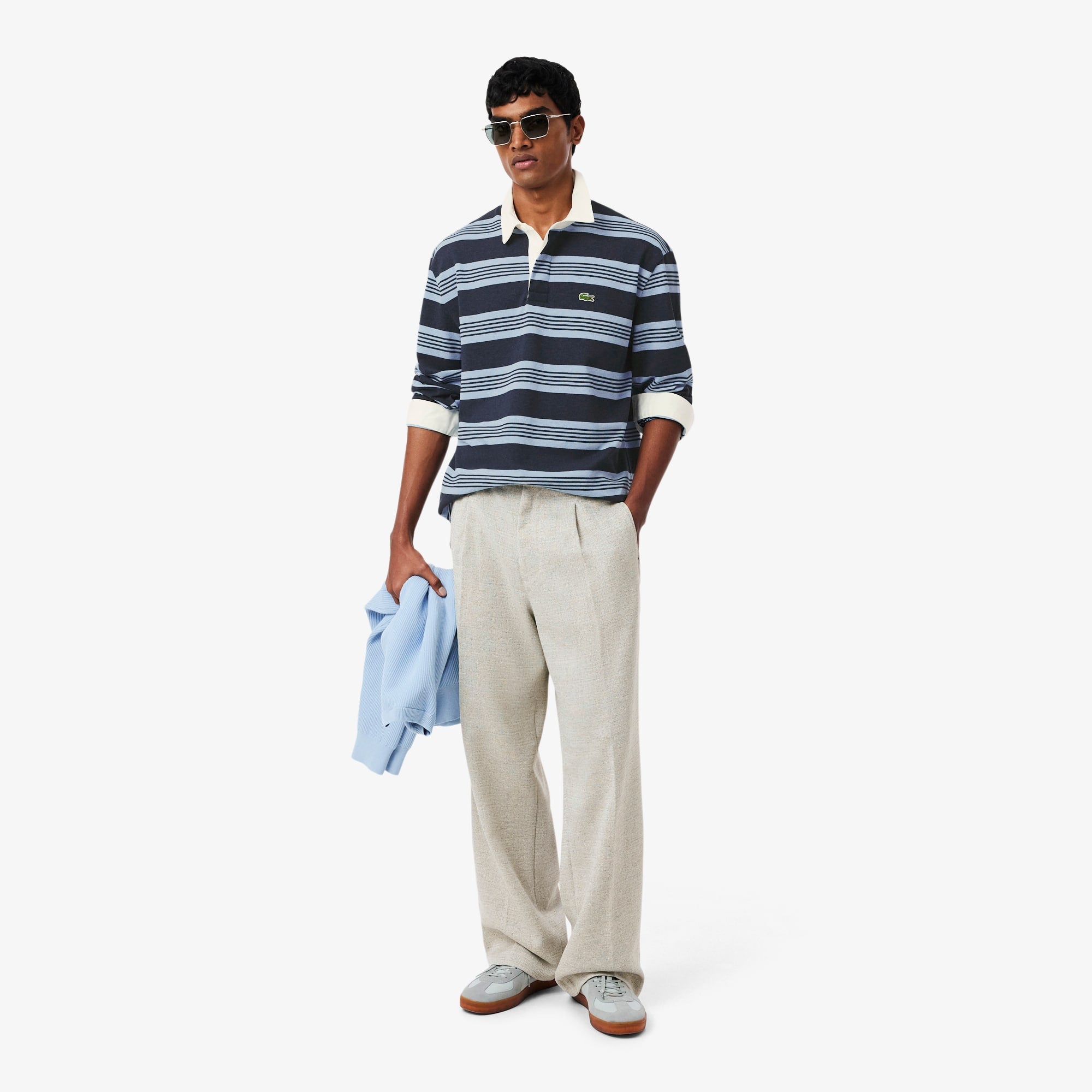 Relaxed Fit Striped Piqué Rugby Polo - Bleu Chine / Gris Chine