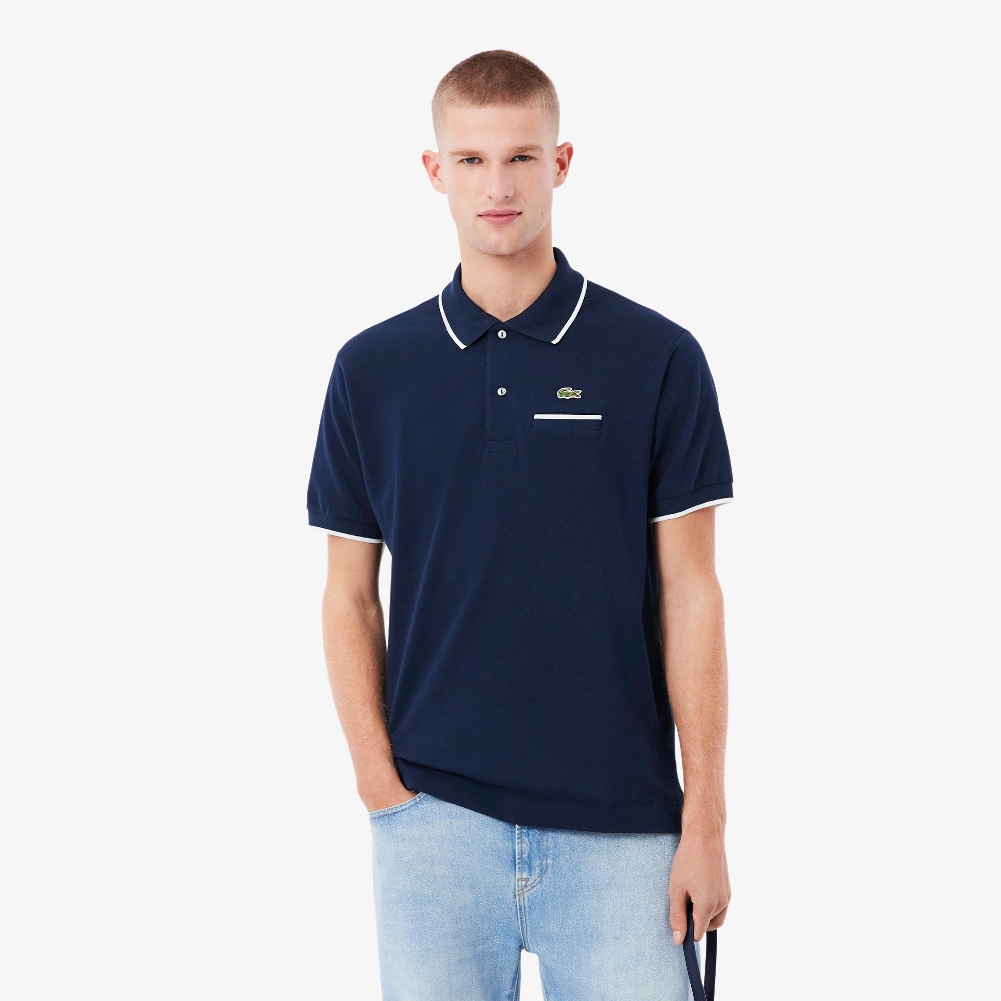 Men's Classic Fit Pocket Accent L.12.12 Polo - Navy Blue / White