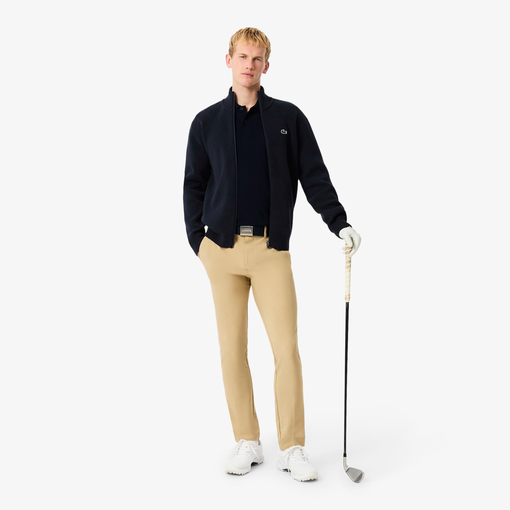 Men's Ribbed Knit Zip-Up Golf Sweater - Navy Blue