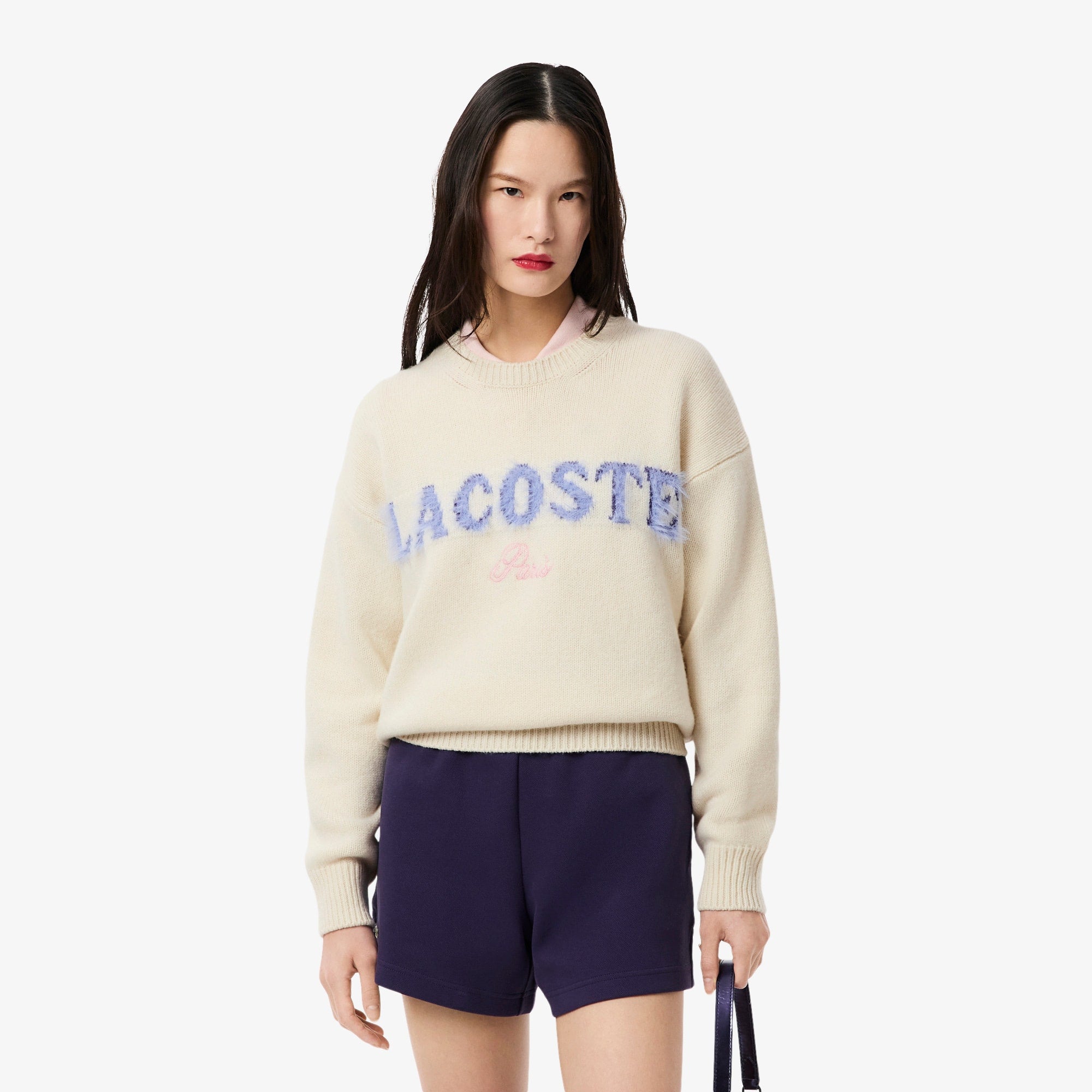 Women's Intarsia Branded Wool Sweater - Cream