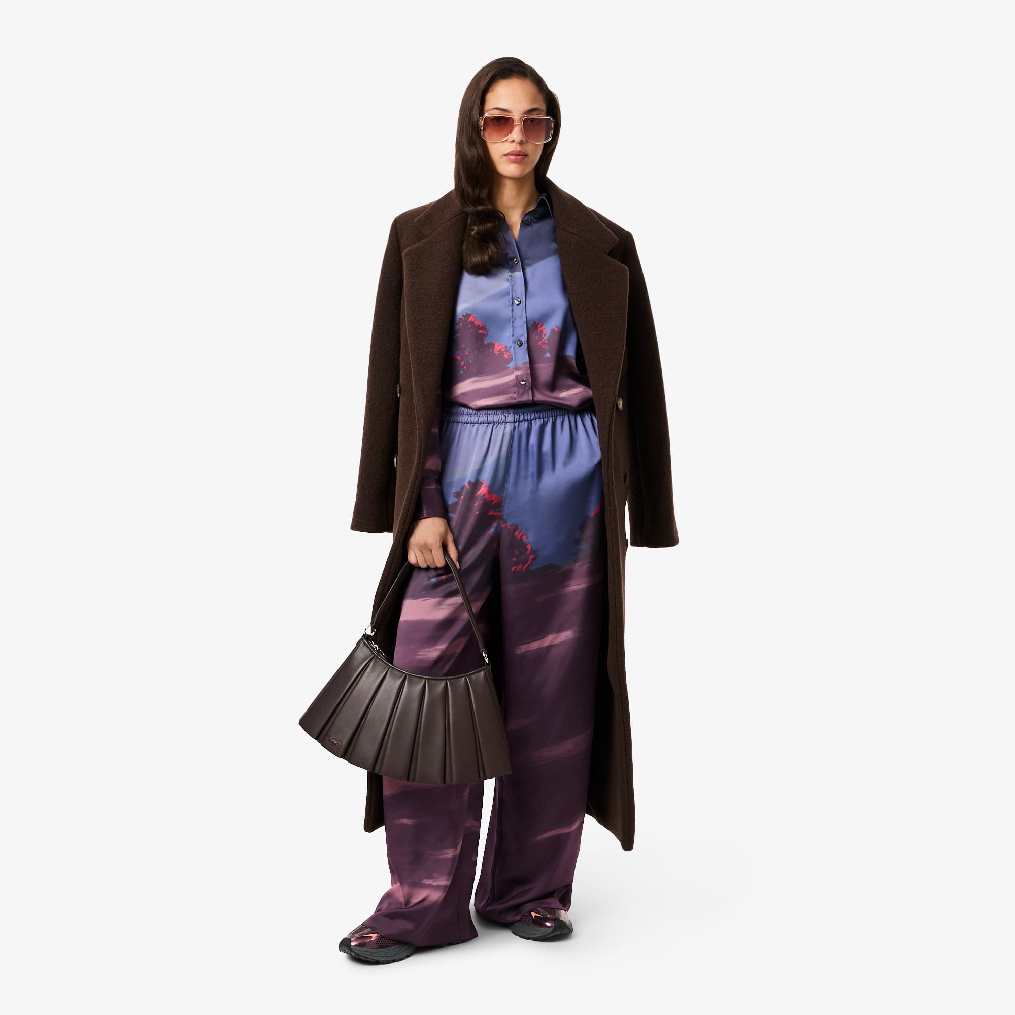 Women's Oversized Landscape Print Satin Shirt - Blue / Brown / Purple / Light Pink