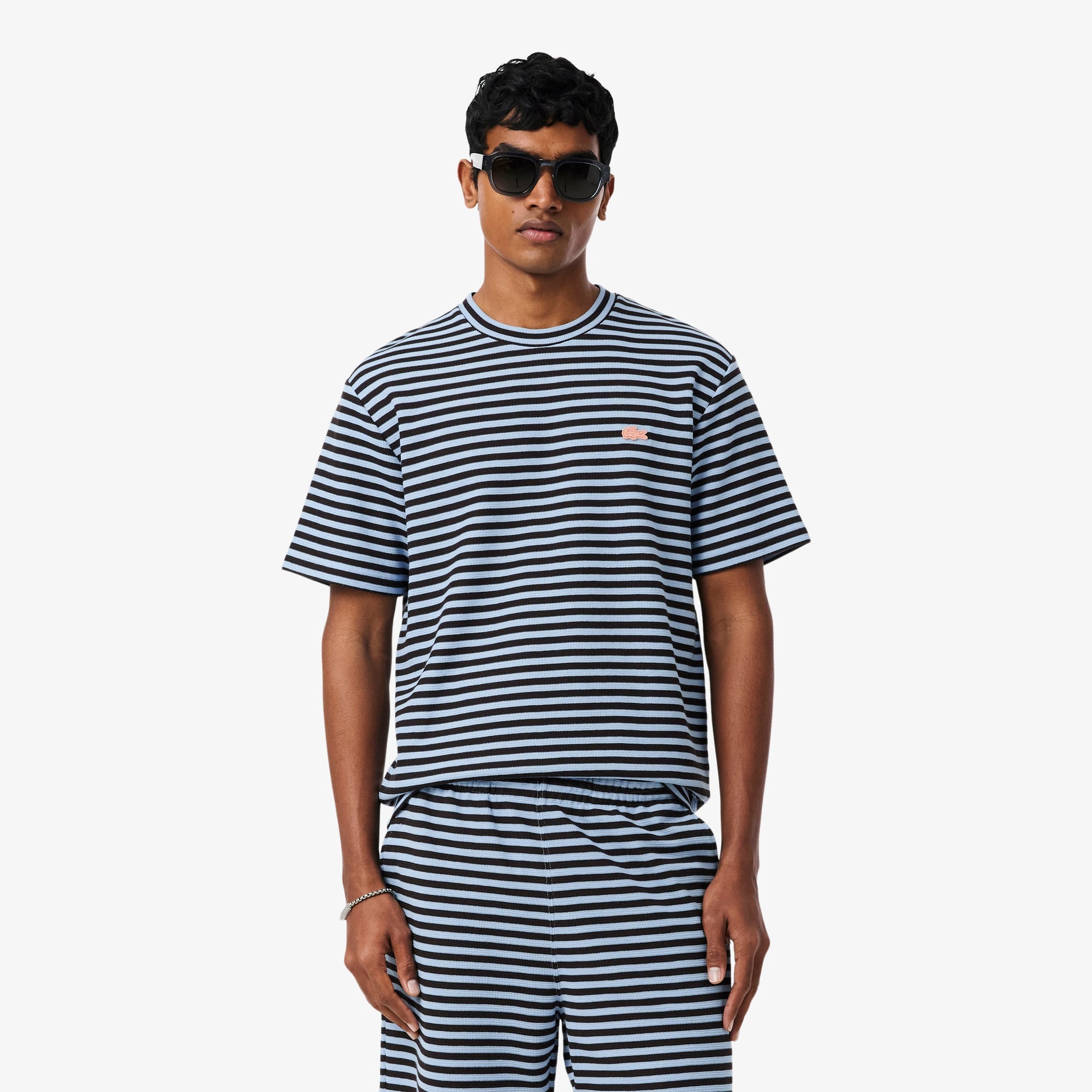 Textured Striped Cotton T-Shirt - Bleu Clair / Marron