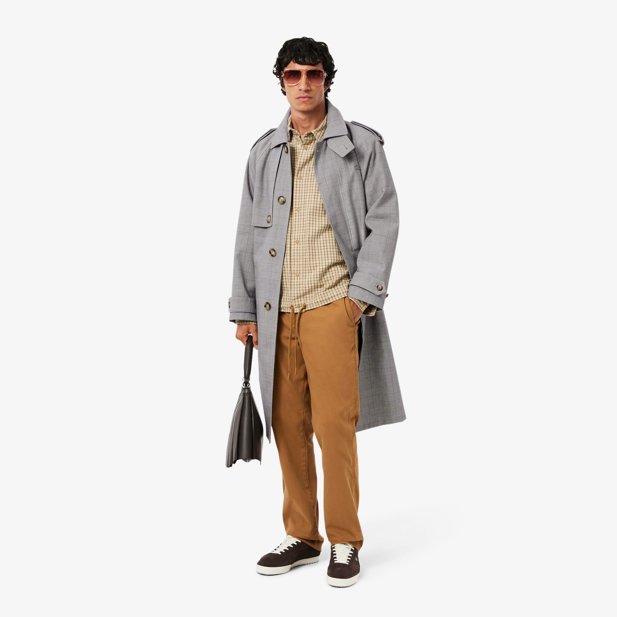 Men's Water-Repellent Plaid Trench Coat - White / Black / Green