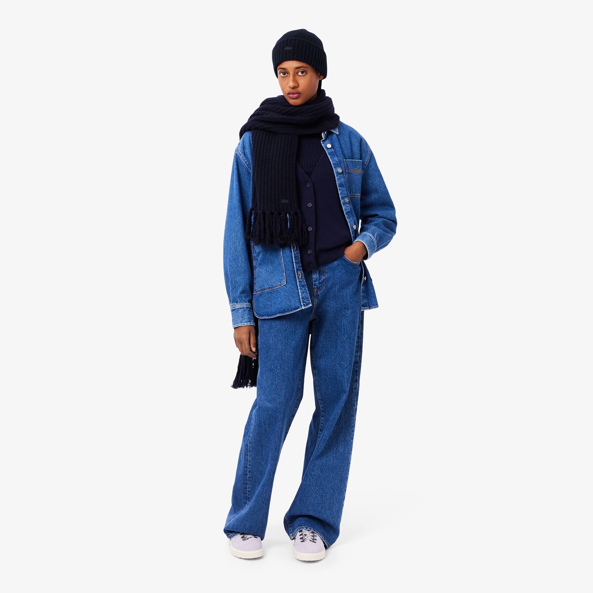 Women's 3D Rib Knit Wool Beanie - Navy Blue