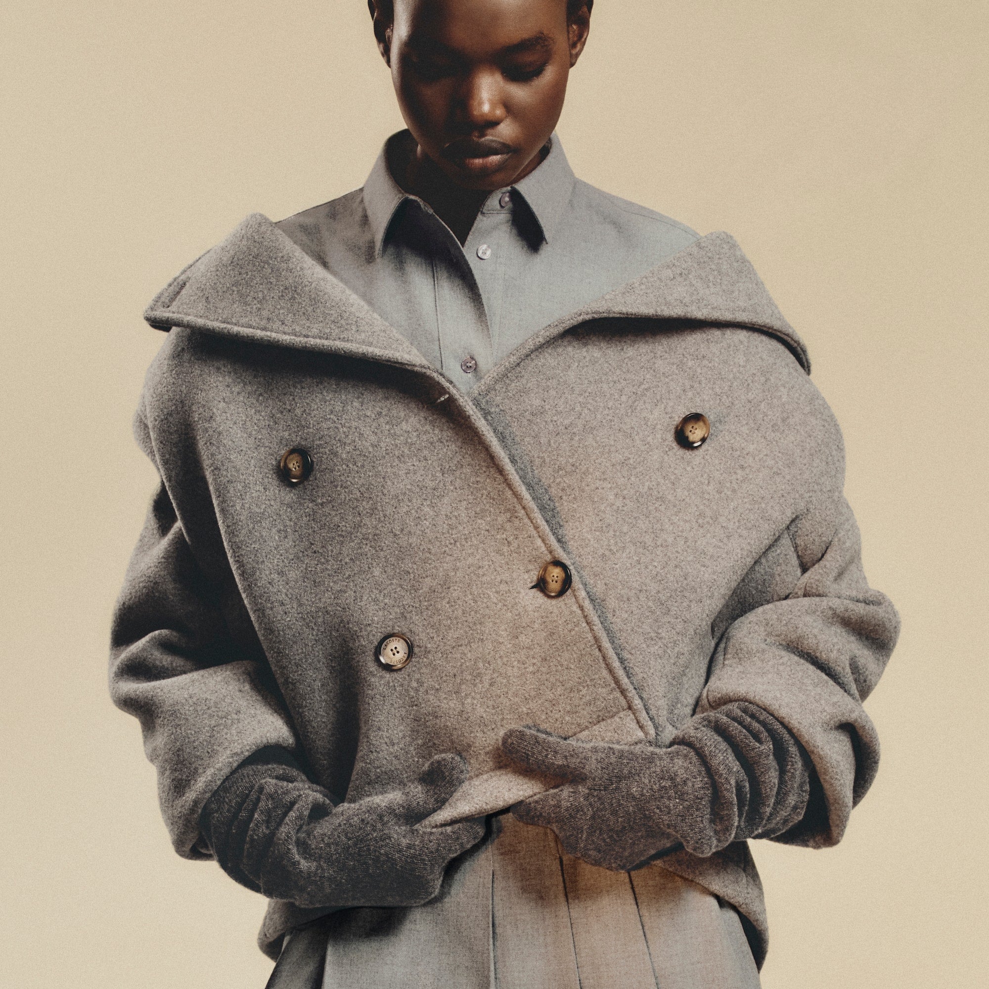 Women's Short Oversized Wool Blend Pea Coat - Grey pitch