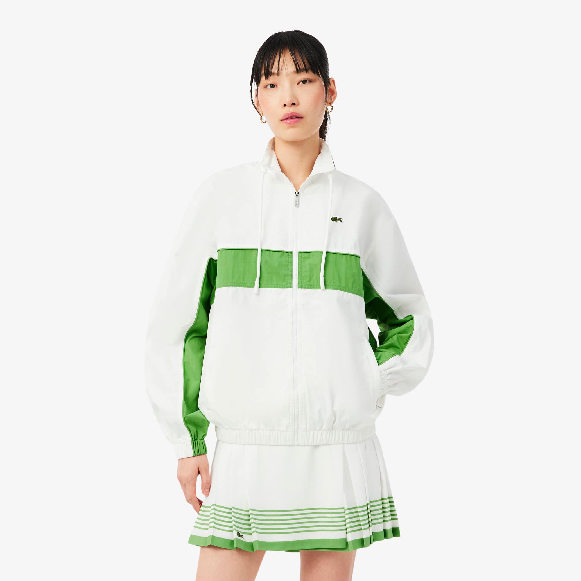 Relaxed Fit Zipped Cotton Twill Jacket - Blanc / Vert