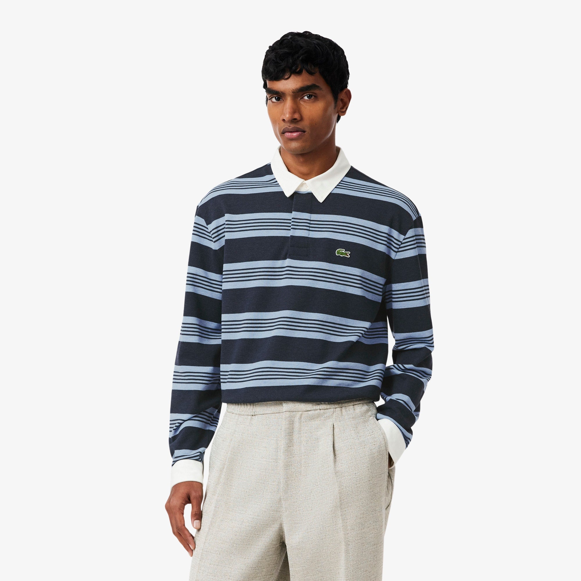 Relaxed Fit Striped Piqué Rugby Polo - Bleu Chine / Gris Chine